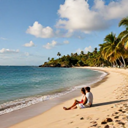 Caribbean Holidays, Antigua December Holidays, Romantic couple relaxing on a beautiful Antigua beach with calm turquoise water, soft sand and palm-fringed coastline