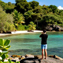 Caribbean Holidays, Antigua December, Quiet tropical cove in Antigua with clear shallow water, rocky shoreline, lush vegetation and a traveller taking a respectful photograph, natural holiday photography