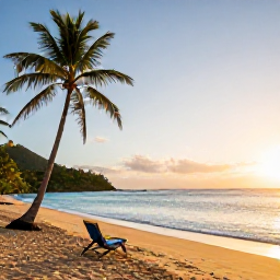 Caribbean Holidays, Antigua December, Wide golden beach in Antigua at sunrise, calm turquoise sea, palm trees and a lone beach chair, natural travel photography