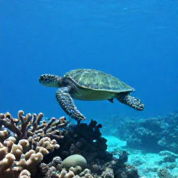 Caribbean Holidays, Antigua Diving August, Green sea turtle swimming above coral and sea fans on an Antigua reef