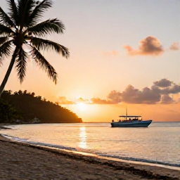 Caribbean Holidays, Antigua Diving August, Relaxed Caribbean beach at sunset in Antigua with dive boat offshore and palm trees