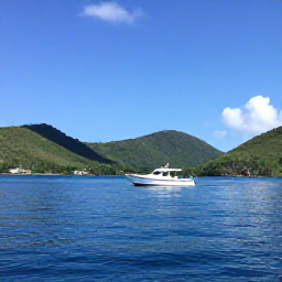 Caribbean Holidays, Antigua Diving August, Small dive boat travelling across calm blue Caribbean water near Antigua with green hills in the background