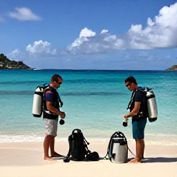 Caribbean Holidays, Antigua Diving, Friendly scuba diving instructors preparing equipment beside a beach in Antigua