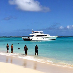 Caribbean Holidays, Antigua Diving July, Friendly dive boat anchored beside a quiet Antigua bay with snorkellers and divers preparing to enter the sea