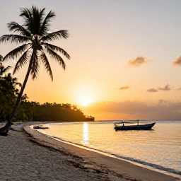 Caribbean Holidays, Antigua Diving July, Golden sunset over an Antigua beach with palm trees, calm sea and a small fishing boat