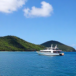 Caribbean Holidays, Antigua Diving May, A dive boat leaving a peaceful Antigua bay in May, with green hills, calm blue sea and bright Caribbean skies