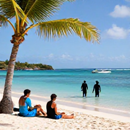 Caribbean Holidays, Antigua Diving May, Divers relaxing beside a sandy Antigua beach after a morning dive, with palm trees, calm water and a small boat offshore
