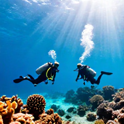 Caribbean Holidays, Antigua Diving May, Scuba divers exploring a colourful coral reef in clear turquoise water off Antigua, Caribbean sunlight filtering from above