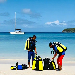 Caribbean Holidays, Antigua Diving November, Friendly divers preparing equipment beside a calm beach in Antigua before a morning boat dive