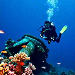 Caribbean Holidays, Antigua Diving November, Scuba diver examining a historic shipwreck on the seabed near Antigua, with coral and fish around it