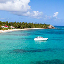Caribbean Holidays, Antigua Diving October, Dive boat approaching a sheltered Caribbean bay with palm-fringed Antigua coastline in the background