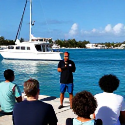 Caribbean Holidays, Antigua Diving October, Friendly dive instructor briefing a small group beside a boat at a sunny Antigua marina