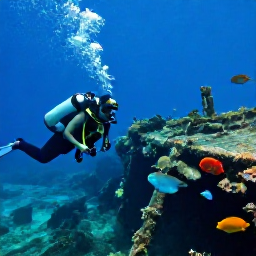 Caribbean Holidays, Antigua Diving October, Scuba divers examining a historic shipwreck on the seabed near Antigua, with tropical fish around the wreck