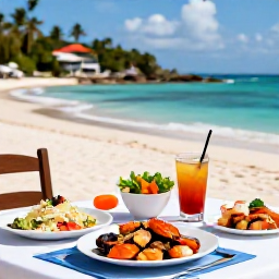 Caribbean Holidays, Antigua February Beaches, Outdoor table at a relaxed Antigua beach restaurant serving fresh seafood, colourful salads and rum punch near the sea