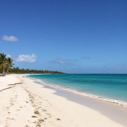 Caribbean Holidays, Antigua February Beaches, Panoramic photograph of a quiet white-sand beach in Antigua, turquoise Caribbean water, gentle February sunshine and a few palm trees