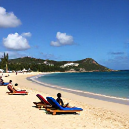 Caribbean Holidays, Antigua February Beaches, Travellers relaxing on a broad sandy Antigua beach with sun loungers, calm blue water and low green hills in the background
