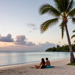 Caribbean Holidays, Antigua February Holidays, Couple relaxing on a quiet Antigua beach at sunset, with calm turquoise water, palm trees and a comfortable adults-only holiday atmosphere