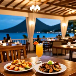 Caribbean Holidays, Antigua February Holidays, Fresh Caribbean seafood, tropical fruit and rum cocktail served at an elegant open-air restaurant in Antigua during a warm February evening