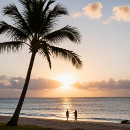 Caribbean Holidays, Antigua February Holidays, Peaceful sunset over the Caribbean Sea from an Antigua beach, with warm light, palm silhouettes and a couple walking along the shore