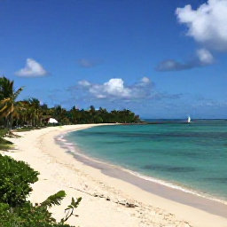 Caribbean Holidays, Antigua Holidays, A panoramic view of a calm turquoise beach in Antigua, with palm trees, white sand and a small sailing boat offshore