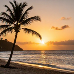 Caribbean Holidays, Antigua Holidays, A peaceful sunset over a sandy beach in Antigua, with palm silhouettes and warm golden light across the sea