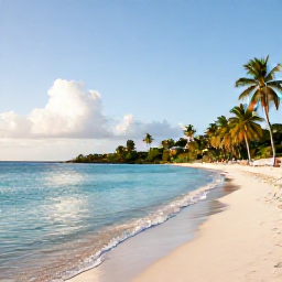 Caribbean Holidays, Antigua Holidays April, A bright April morning at a Caribbean beach in Antigua, with calm turquoise water, white sand, palm trees and a relaxed holiday atmosphere