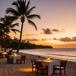 Caribbean Holidays, Antigua Holidays April, A sunset dinner at an Antigua beachfront resort, with tables on the sand, warm lights, palm trees and a golden Caribbean sky