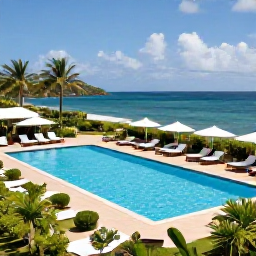 Caribbean Holidays, Antigua Holidays April, An inviting all-inclusive resort in Antigua with a swimming pool, sun loungers, tropical gardens and the Caribbean Sea in the background
