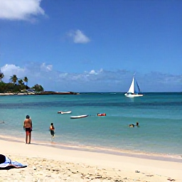 Caribbean Holidays, Antigua Holidays April, Visitors swimming and relaxing on the calm waters of a beautiful Antigua beach, with paddleboards, a sailing boat and palm-fringed sand