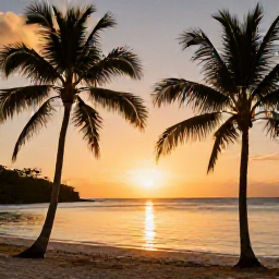 Caribbean Holidays, Antigua Holidays May, Romantic Antigua sunset over a quiet beach, with silhouettes of palm trees, calm water and warm golden light
