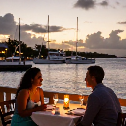 Caribbean Holidays, Antigua Honeymoons, A couple dining at a candlelit restaurant overlooking English Harbour in Antigua, boats in the marina and a warm evening sky
