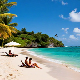 Caribbean Holidays, Antigua Honeymoons, A couple relaxing on a secluded Antigua beach in July, turquoise water, soft sand, sun loungers and lush tropical vegetation