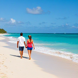 Caribbean Holidays, Antigua Honeymoons, A couple walking hand in hand along a secluded Antigua beach with gentle waves, golden sand and bright blue Caribbean skies