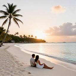 Caribbean Holidays, Antigua Honeymoons, A newlywed couple relaxing on a quiet white-sand beach in Antigua at sunset, with calm turquoise water and palm trees