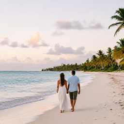 Caribbean Holidays, Antigua Honeymoons, A newlywed couple walking barefoot along a quiet white-sand beach in Antigua at sunset, calm turquoise sea and gentle palm trees