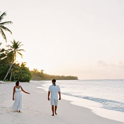 Caribbean Holidays, Antigua Honeymoons, A newlywed couple walking hand in hand along a quiet white sand beach in Antigua at sunrise, calm turquoise sea and palm trees