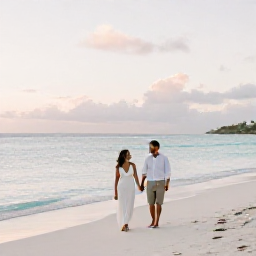 Caribbean Holidays, Antigua Honeymoons, A newlywed couple walking hand in hand along a quiet white-sand beach in Antigua at sunrise, calm turquoise sea and soft April light