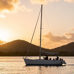 Caribbean Holidays, Antigua Honeymoons, A romantic sailing boat cruising along the Antigua coastline at sunset, with a couple enjoying the view and hills in the background