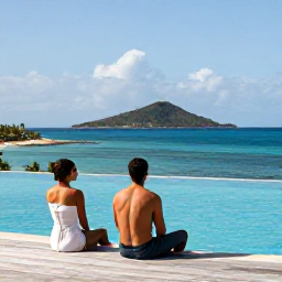 Caribbean Holidays, Antigua Honeymoons, A stylish honeymoon resort in Antigua with a couple relaxing beside an infinity pool overlooking the Caribbean Sea