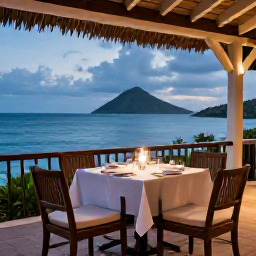Caribbean Holidays, Antigua Honeymoons, Candlelit table for two at an elegant open-air restaurant overlooking the Caribbean Sea in Antigua
