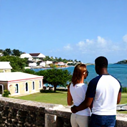 Caribbean Holidays, Antigua Honeymoons, Couple exploring Nelson's Dockyard in Antigua, historic stone buildings, harbour views and bright Caribbean sunshine