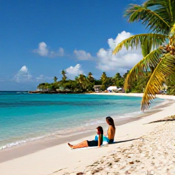Caribbean Holidays, Antigua Honeymoons, Couple relaxing on a secluded Caribbean beach in Antigua, turquoise water, palm trees and a peaceful sheltered cove