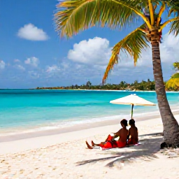 Caribbean Holidays, Antigua Honeymoons, Couple relaxing on a white sandy beach in Antigua beside clear turquoise water, palm trees and a small beach umbrella