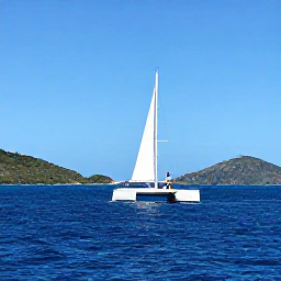 Caribbean Holidays, Antigua Honeymoons, Couple sailing a catamaran past Antigua coastline in bright March sunshine, blue Caribbean sea and distant green hills