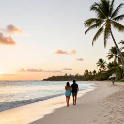 Caribbean Holidays, Antigua Honeymoons, Couple walking along a quiet white-sand beach in Antigua at sunset, calm turquoise sea and palm trees