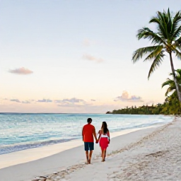 Caribbean Holidays, Antigua Honeymoons, Couple walking hand in hand along a quiet white-sand beach in Antigua at sunset, calm turquoise sea and palm trees