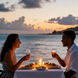 Caribbean Holidays, Antigua Honeymoons, Elegant honeymoon dinner for two at an Antigua seaside restaurant, candles, local food and sunset over the Caribbean