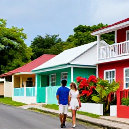 Caribbean Holidays, Antigua Honeymoons, Happy newlywed couple exploring a colourful Antigua village street with tropical plants and bright Caribbean houses