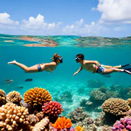 Caribbean Holidays, Antigua Honeymoons, Honeymoon couple snorkelling in clear Antigua waters near a colourful coral reef, tropical fish and bright Caribbean sunshine