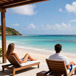 Caribbean Holidays, Antigua Honeymoons, Luxury beachfront honeymoon resort in Antigua with a couple relaxing on a private terrace overlooking the Caribbean Sea